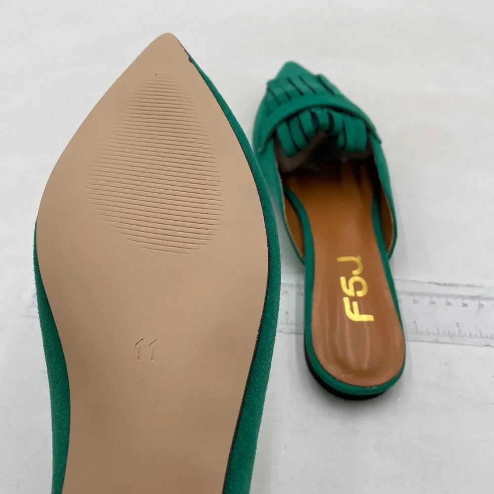 FSJ Womens Tassel Flat Mules Closed Pointed Toe, Loafers Backless Green Suede - Picture 5 of 7